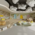Modern Kindergarten Interior With Cloud Ceiling Decor Colorful Seats Bookshelves Round Carpet And Windows