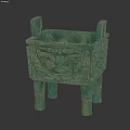 Green Bronze Landscape Sculpture with Square Intricate Patterns And Mythical Beast Face on Columnar Legs