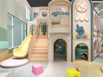 Vibrant Indoor Playground With Slide Stairs Welcome Sign House And Colorful Blocks 3d model