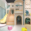 Vibrant Indoor Playground With Slide Stairs Welcome Sign House And Colorful Blocks