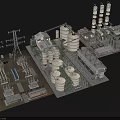 Industrial Building Complex with Large Storage Tanks High Towers and Power Transmission Facilities