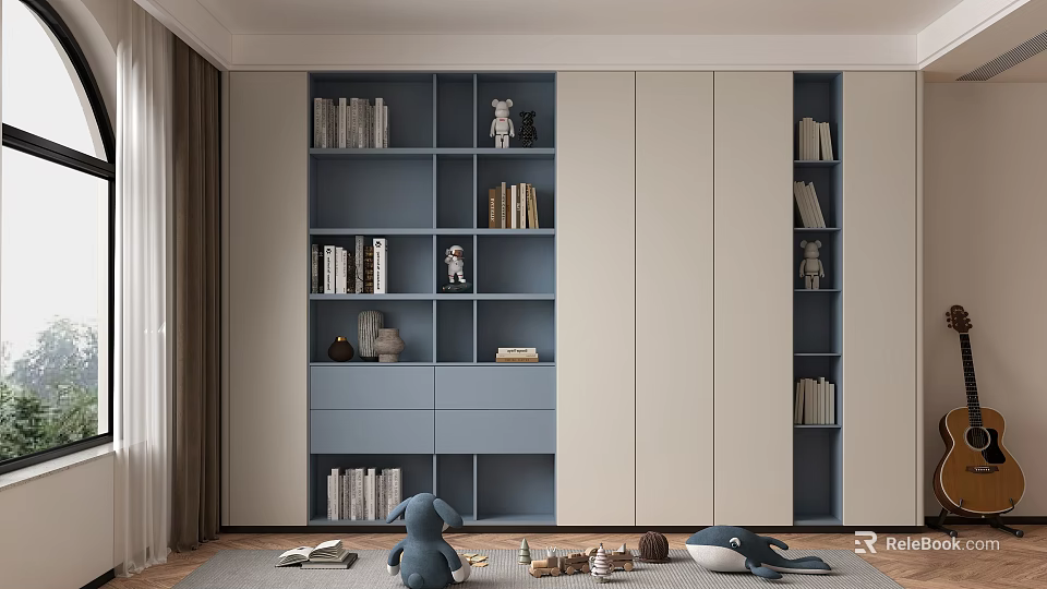 Modern Blue And Beige Bookshelf With Storage Shelves Figurines And Books In Living Room Interior 3d model 