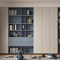 Modern Blue And Beige Bookshelf With Storage Shelves Figurines And Books In Living Room Interior