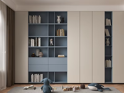 Modern Blue And Beige Bookshelf With Storage Shelves Figurines And Books In Living Room Interior 3d model
