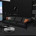 Gray Three Seater Sofa With Orange White Cushions In Modern Living Room With Wall Art