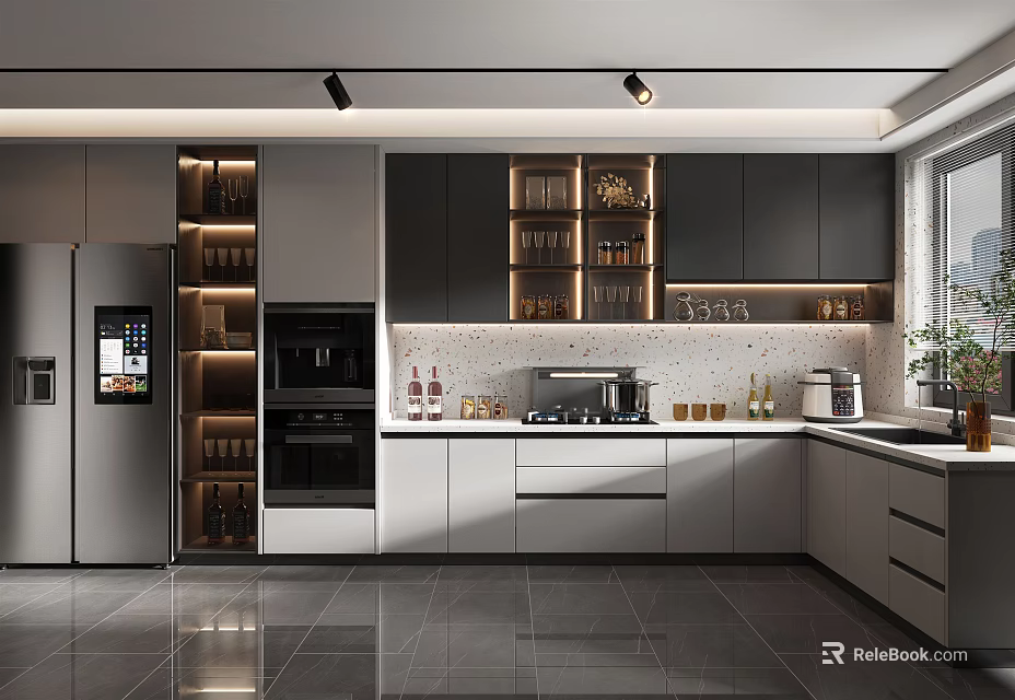 Modern Open Kitchen Interior With Dark Cabinets Island Appliances And Lighting 3d model