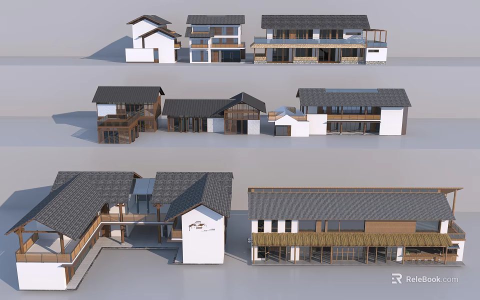 Traditional Modern Guesthouse Architecture with Black Tiled Roofs White Walls and Wooden Elements 3d model 