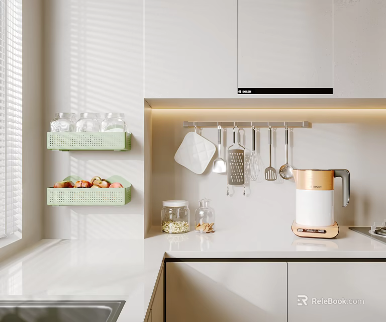 Modern Kitchen With Green Storage Racks And Hanging Utensils 3d model