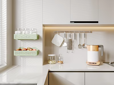 Modern Kitchen With Green Storage Racks And Hanging Utensils 3d model