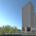 Modern Commercial Complex With Glass Curtain Wall High Rise Buildings Parking Lot Cars And Pedestrians