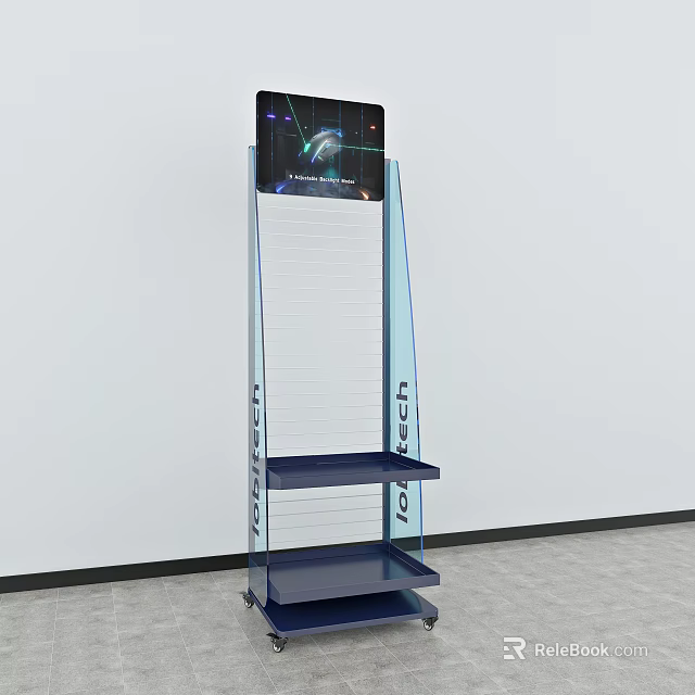 Blue Tech Display Shelf With Top Digital Screen And Multiple Tiers 3d model