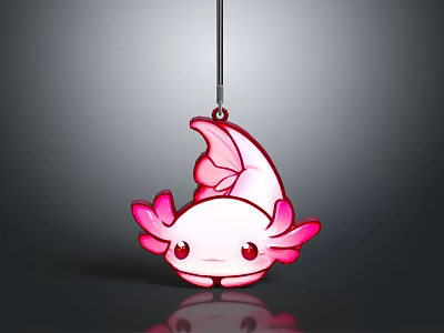 Pink Cartoon Axolotl Jewelry Pendant With Red Eyes And Pink Fins On Black Chain 3d model