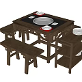 Wooden Dining Table Set With Carved Tabletop Stools And Side Storage Shelf 3d model