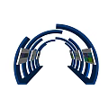 Modern Tech Style Exhibition Display With Blue Curved Structures And Welcome Sign
