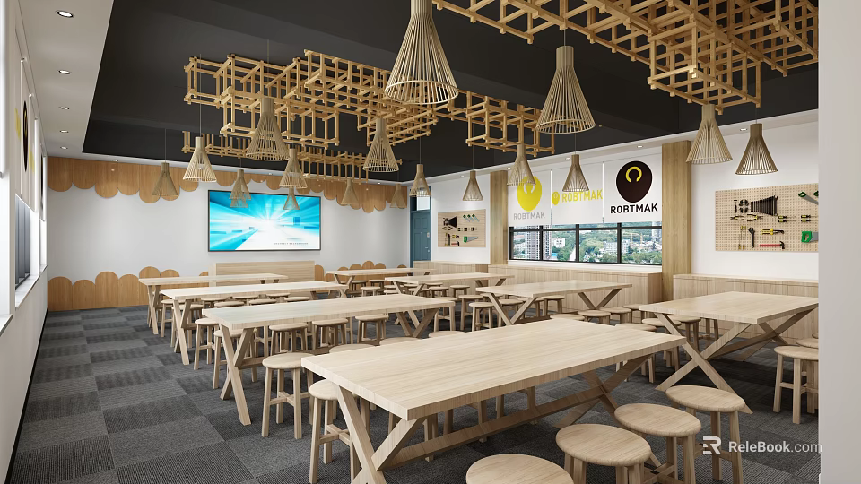 School Cafeteria Interior With Wooden Tables Stools Pendant Lights TV Screen And Windows 3d model 