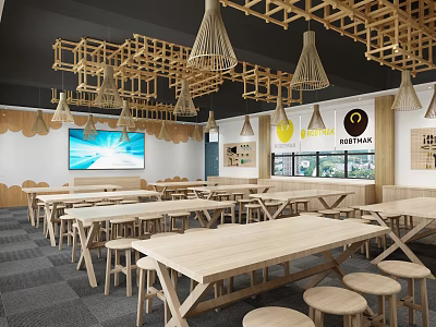 School Cafeteria Interior With Wooden Tables Stools Pendant Lights TV Screen And Windows 3d model