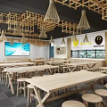 School Cafeteria Interior With Wooden Tables Stools Pendant Lights TV Screen And Windows