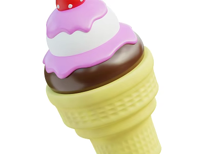 Colorful Waffle Ice Cream Cone With Chocolate White Pink Layers And Strawberry Topping 3d model