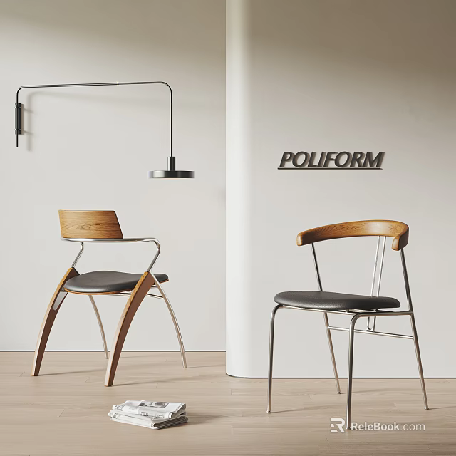 POLIFORM Modern Dining Chairs With Wooden Backrest Metal Legs And Leather Seat 3d model 