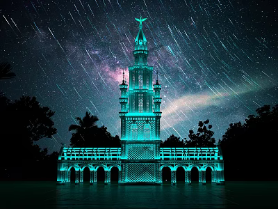 Illuminated Blue Tower With Star Trails And Milky Way In Night Sky Surrounded by Trees 3d model