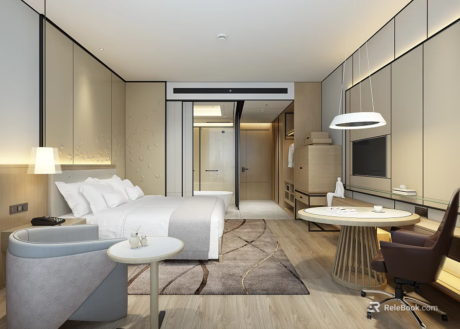 Elegant Modern Hotel Room With King Bed Gray Armchair Desk And TV 3d model 