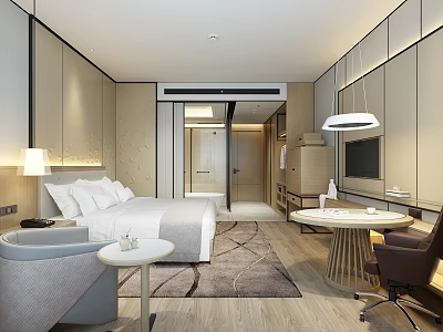 Elegant Modern Hotel Room With King Bed Gray Armchair Desk And TV 3d model