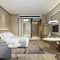 Elegant Modern Hotel Room With King Bed Gray Armchair Desk And TV