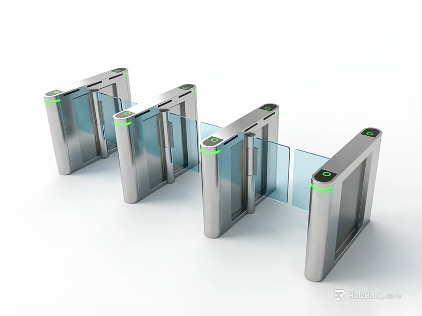 Public Facility Access Control Turnstiles With Silver Body Glass Barriers And Green Indicators 3d model 