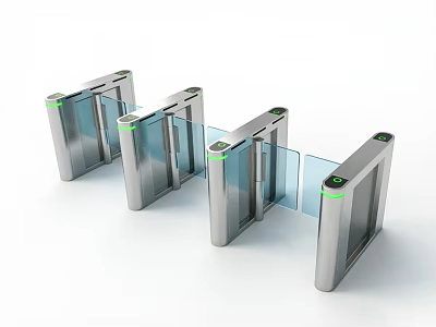 Public Facility Access Control Turnstiles With Silver Body Glass Barriers And Green Indicators 3d model
