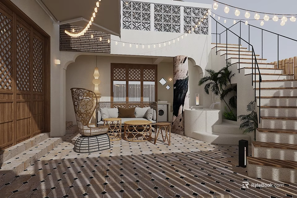 Decorated Garden Outdoor Lounge With String Lights And Seating 3d model 