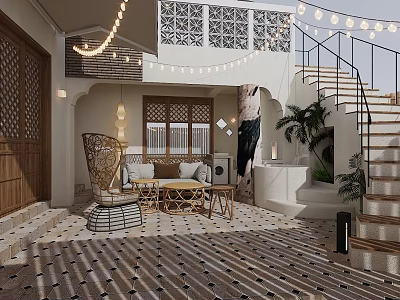 Decorated Garden Outdoor Lounge With String Lights And Seating 3d model