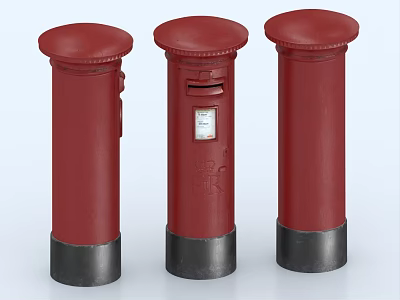 Three Red Vintage Post Boxes With Black Base And Royal Mail Logo 3d model
