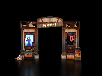 Radiation Crisis Themed Event Entrance With Screens Showing Figure Warning Sign Wooden Barrels And Ropes 3d model