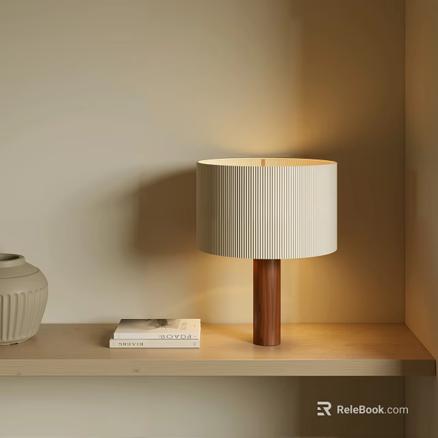 White Pleated Table Lamp with Wooden Base on Shelf and White Vase with Books 3d model 