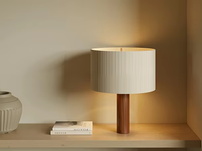 White Pleated Table Lamp with Wooden Base on Shelf and White Vase with Books 3d model
