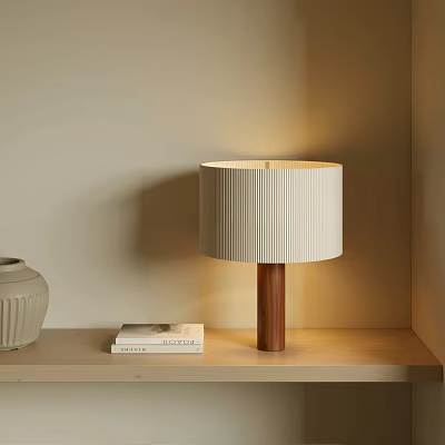 White Pleated Table Lamp with Wooden Base on Shelf and White Vase with Books 3d model