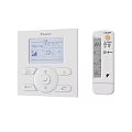 White Air Conditioner Fan With Indoor Outdoor Units Control Panel And Remote Control