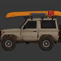 Beige Off Road Vehicle with Orange Kayak Blue Storage and Red Gear on Roof Rack