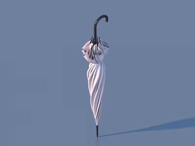 Stylish White Umbrella With Pleated Canopy And Black Curved Handle In Blue Background 3d model