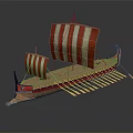Ancient Wooden Ship with Red and White Striped Sails and Multiple Oars Curved Prow Design