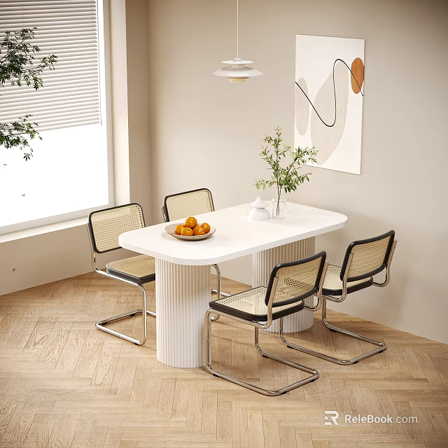White Dining Table Set With Cylindrical Legs Metal Woven Chairs Fruit Bowl And Plant 3d model 