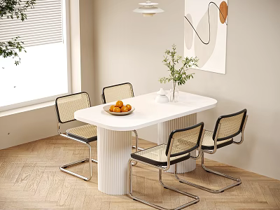 White Dining Table Set With Cylindrical Legs Metal Woven Chairs Fruit Bowl And Plant 3d model