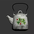 Decorative Vintage White Kettle With Red Berries And Green Leaves Pattern And Black Handle