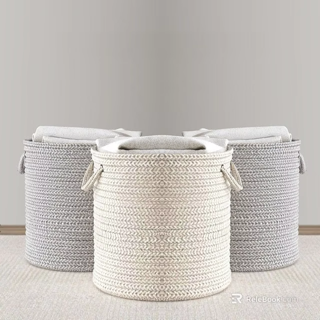 Three Woven Storage Baskets in Gray and Beige for Organizing Folded Clothes at Home 3d model 