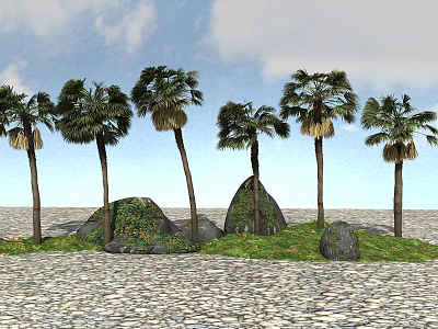 Tall Palm Trees Under Blue Sky With Green Grass And Mossy Rocks On Stony Ground 3d model