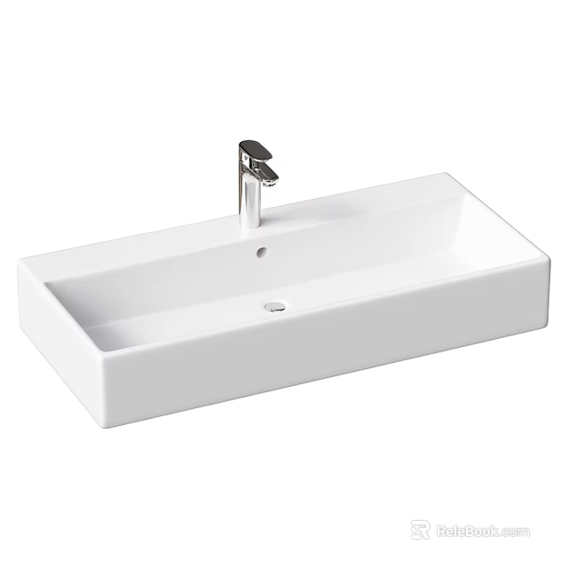 Sleek White Rectangular Ceramic Washbasin With Modern Chrome Faucet For Bathroom Design 3d model