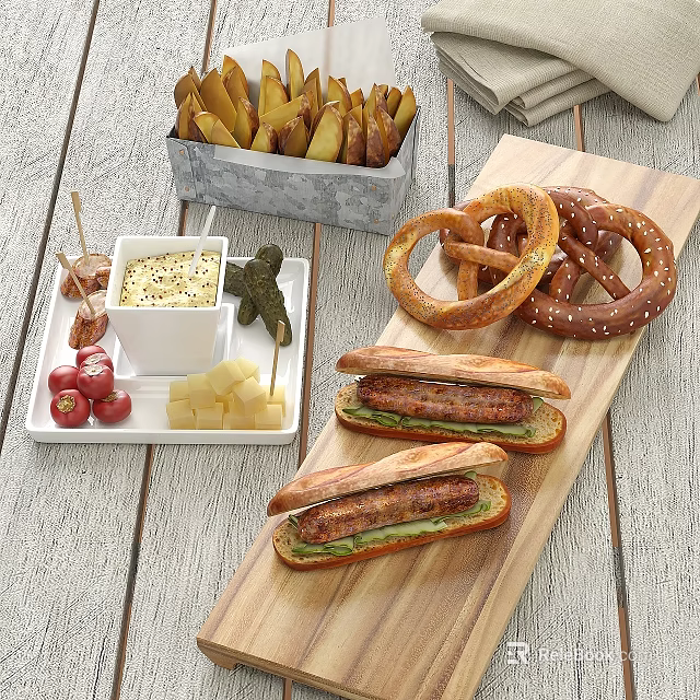 Delicious Assorted Food Platter With Sandwiches Pretzels Fries And Fresh Sides 3d model 