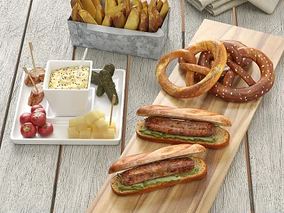 Delicious Assorted Food Platter With Sandwiches Pretzels Fries And Fresh Sides 3d model