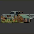 Vintage Light Blue Truck With Garden Shed Table Chairs And Potted Plants