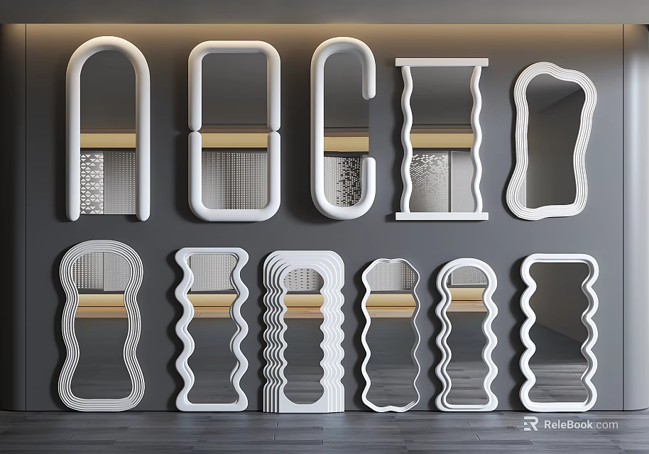 Modern Bathroom Mirrors With Various Unique Shapes On Dark Wall 3d model 